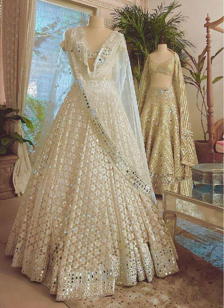 Mirror Work Base Elegant Off-White Lehenga Choli (Ready to Wear) - Uboric