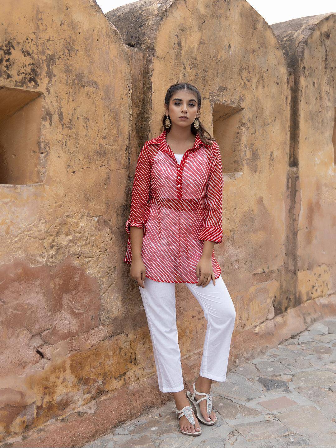 Monika Red Leheriya Kurta Pants Set - Uboric