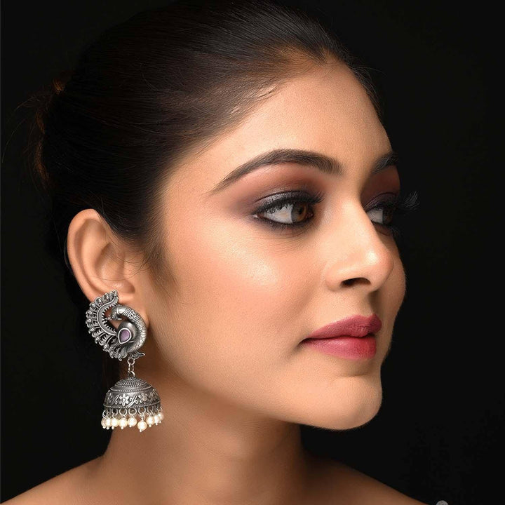 Mugdha Baby Pink Diamond Oxidized Silver Plated Jhumki - Uboric