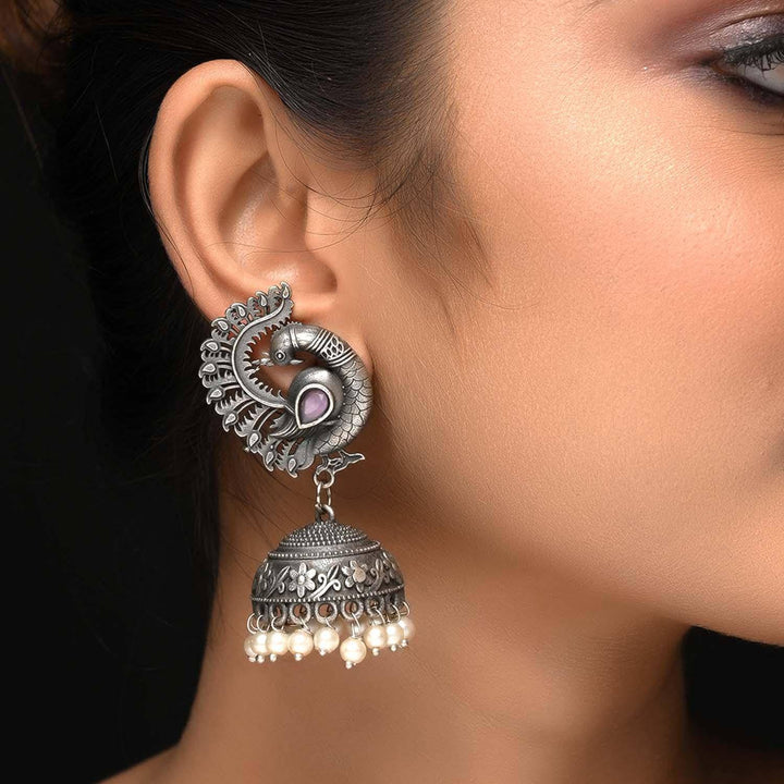 Mugdha Baby Pink Diamond Oxidized Silver Plated Jhumki - Uboric