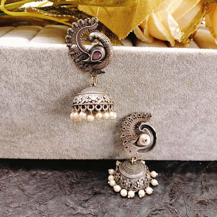 Mugdha Baby Pink Diamond Oxidized Silver Plated Jhumki - Uboric