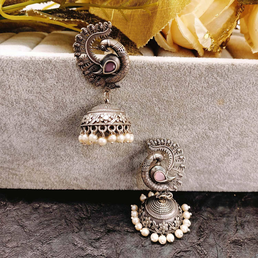 Mugdha Baby Pink Diamond Oxidized Silver Plated Jhumki - Uboric