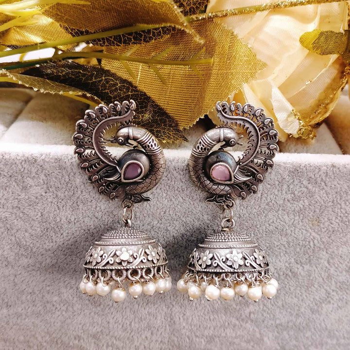 Mugdha Baby Pink Diamond Oxidized Silver Plated Jhumki - Uboric