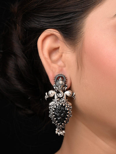 Naincy Ganesha Earrings With Black Carved Stone - Uboric