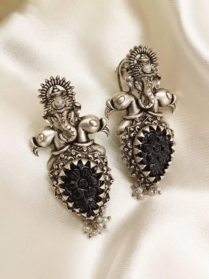 Naincy Ganesha Earrings With Black Carved Stone - Uboric