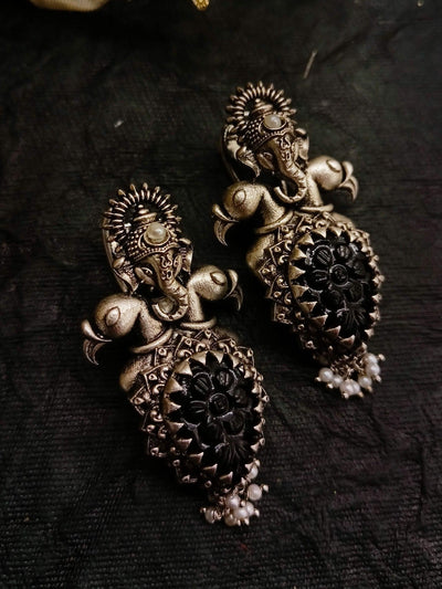 Naincy Ganesha Earrings With Black Carved Stone - Uboric