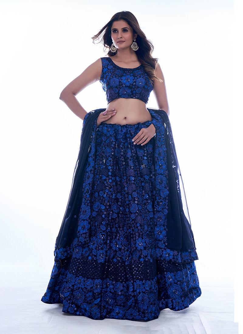 Navy Blue Flared Chaniya With Sequins Embroidery (Ready to Wear) - Uboric