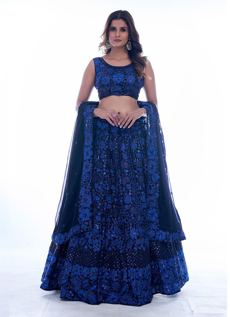 Navy Blue Flared Chaniya With Sequins Embroidery (Ready to Wear) - Uboric
