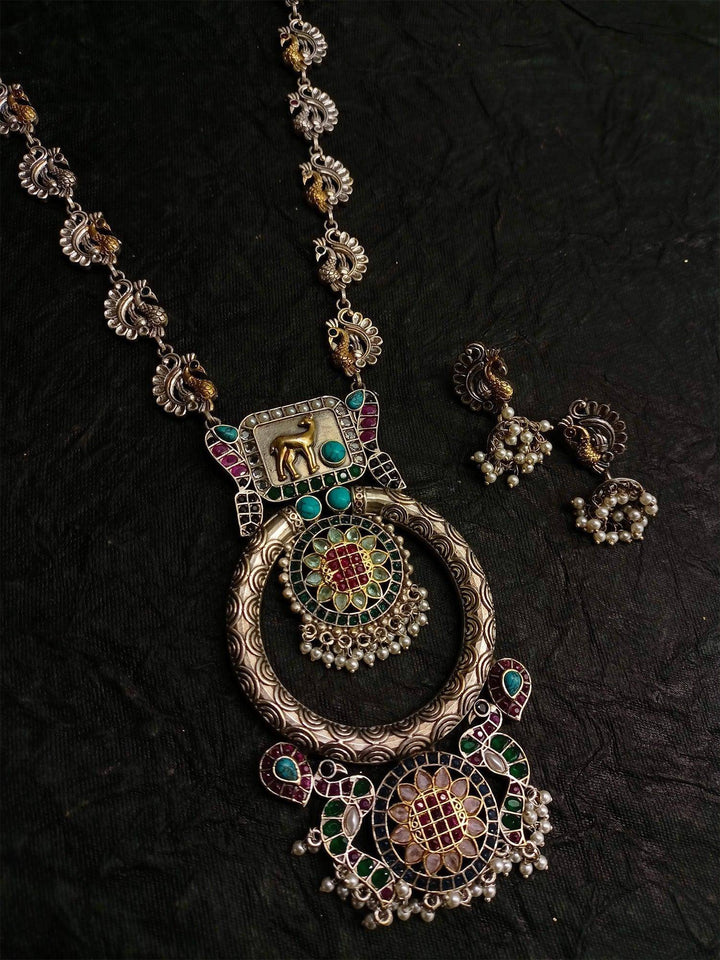 Neelam Multi Colour Long Oxidised Pendant Set - Uboric