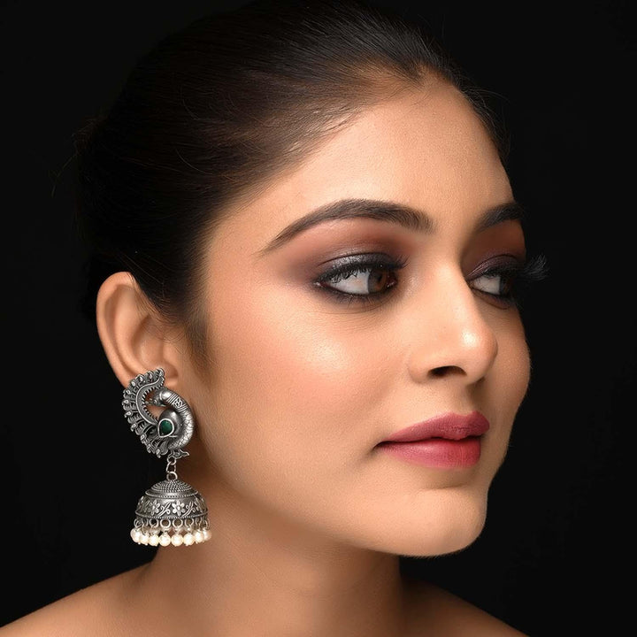 Nimrat Green Emerald Stoned Oxidized Silver Plated Jhumki - Uboric