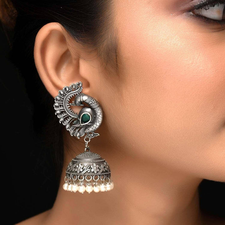 Nimrat Green Emerald Stoned Oxidized Silver Plated Jhumki - Uboric