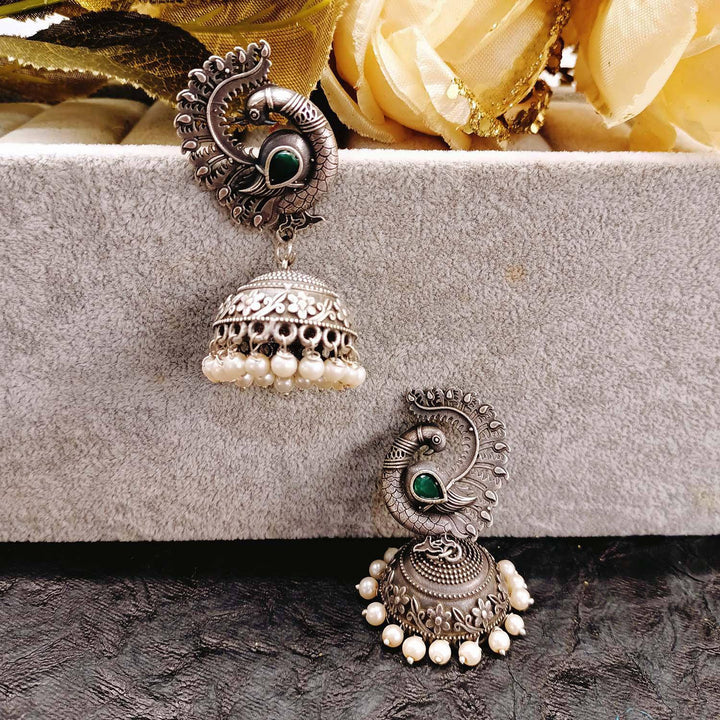 Nimrat Green Emerald Stoned Oxidized Silver Plated Jhumki - Uboric