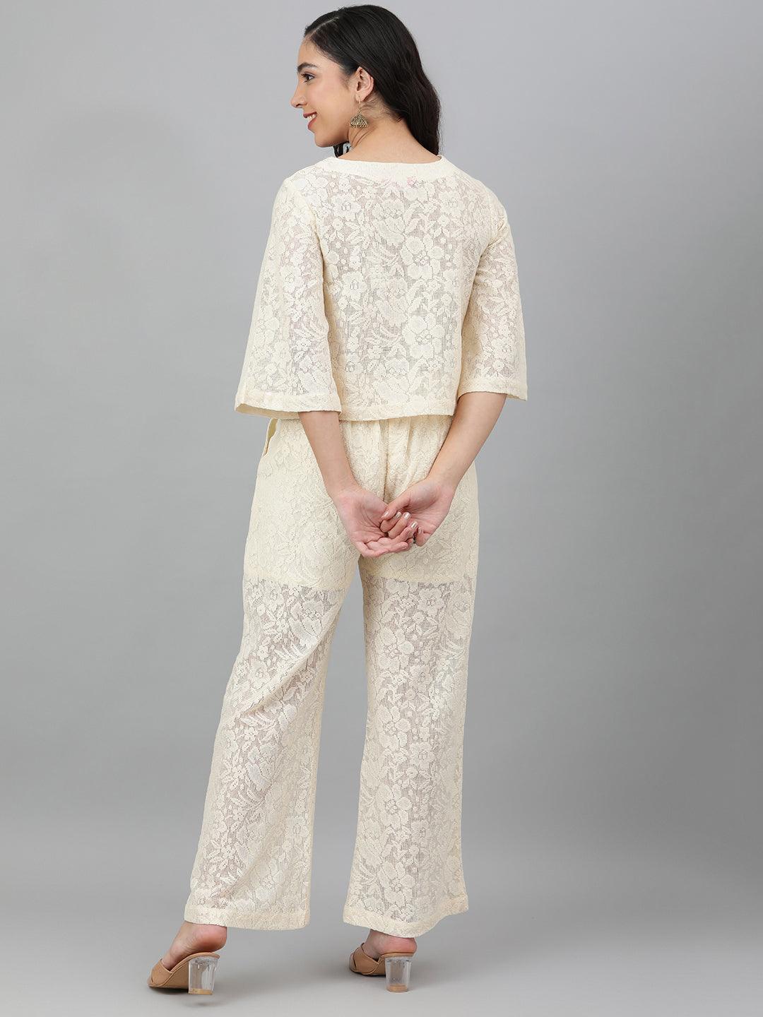 Off-White Cotton Net Co-Ord Set - Uboric