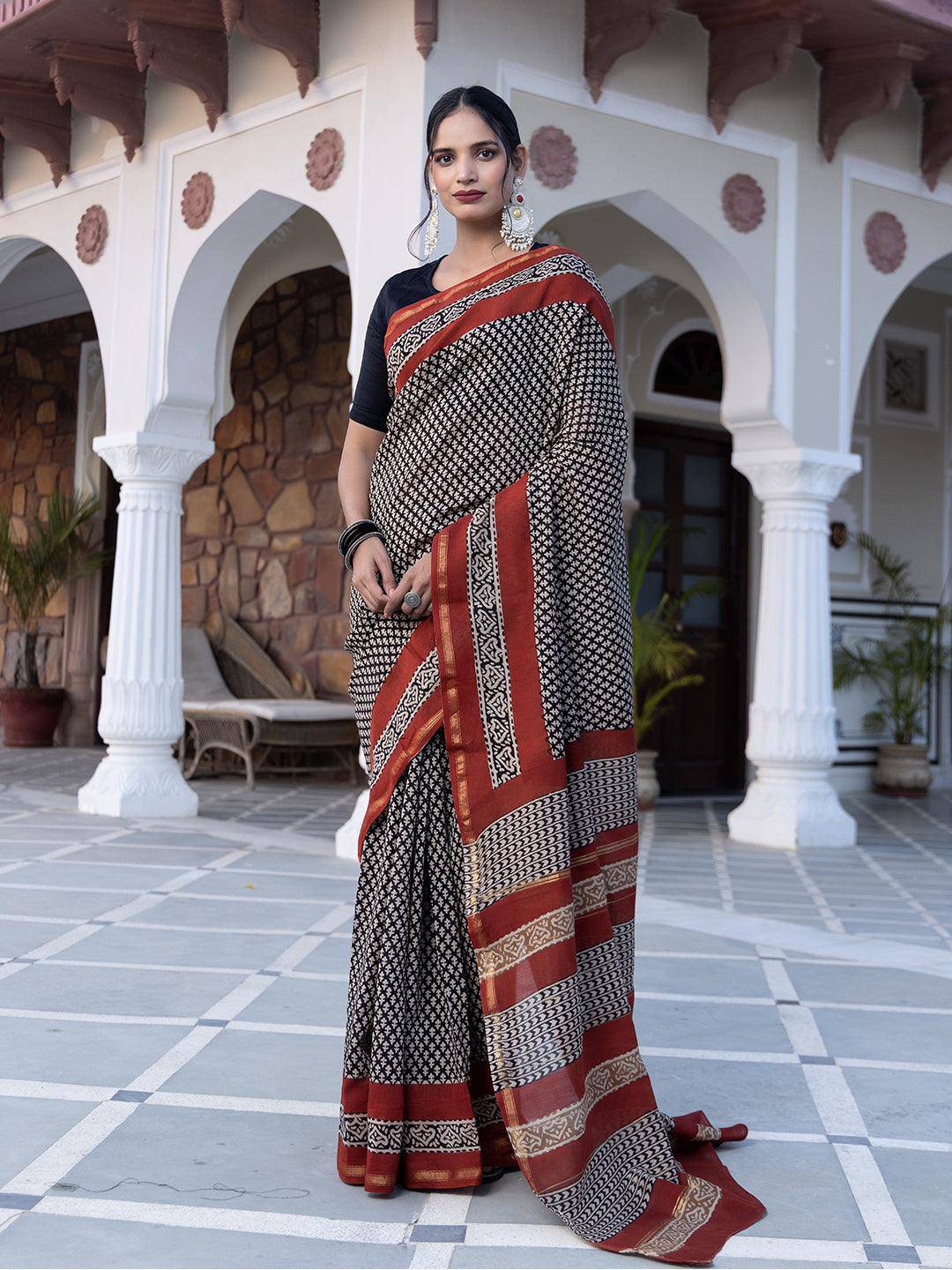 Onyx Hand-Block Saree - Uboric