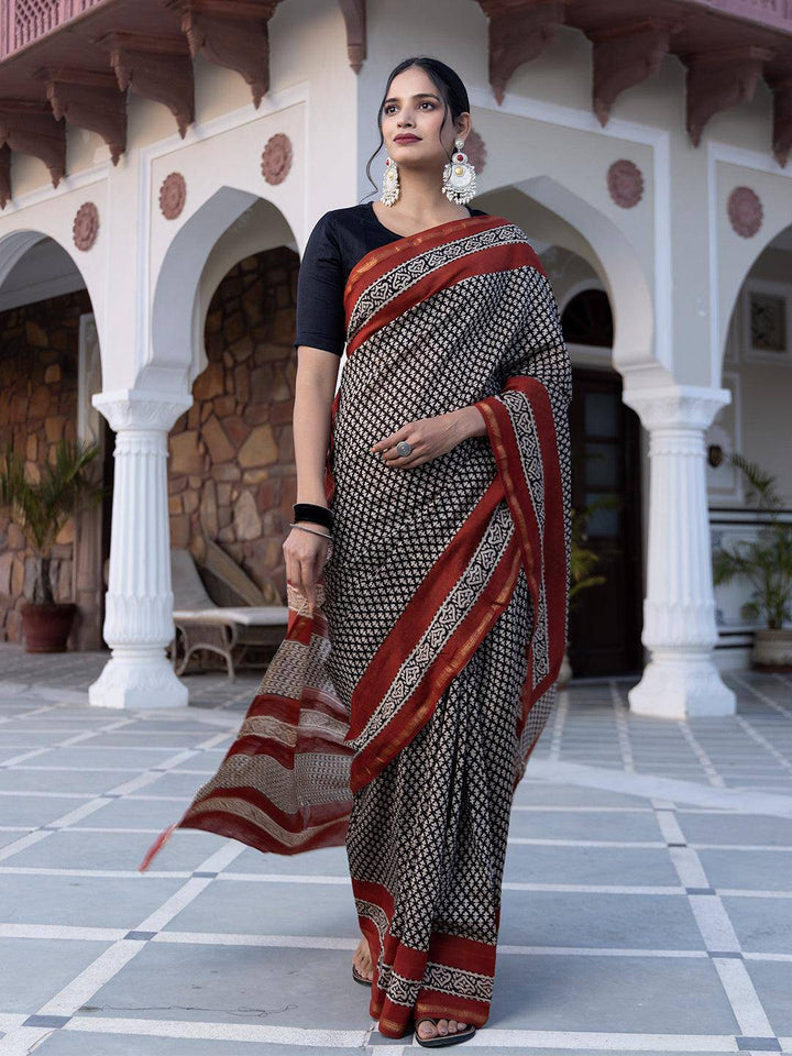 Onyx Hand-Block Saree - Uboric