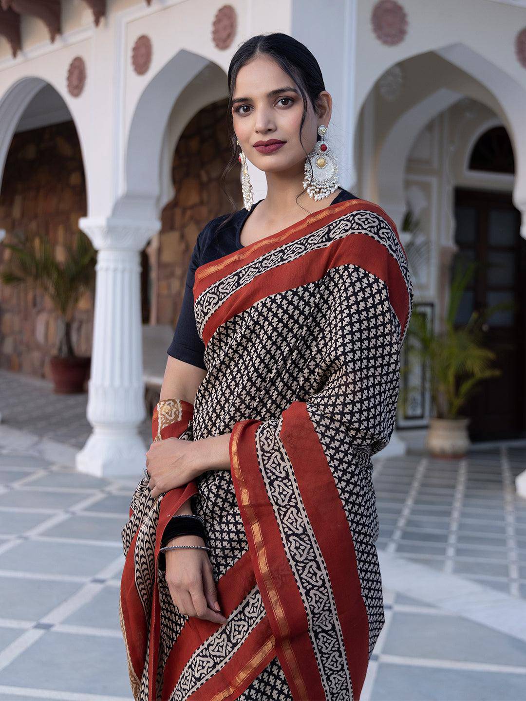 Onyx Hand-Block Saree - Uboric