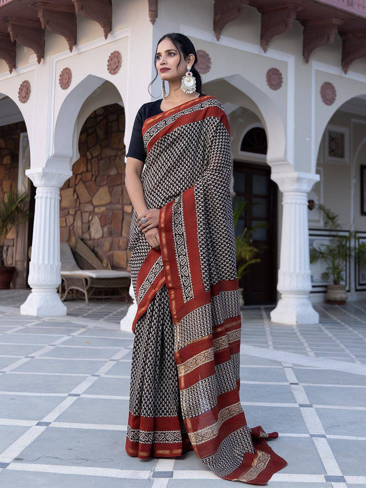 Onyx Hand-Block Saree - Uboric