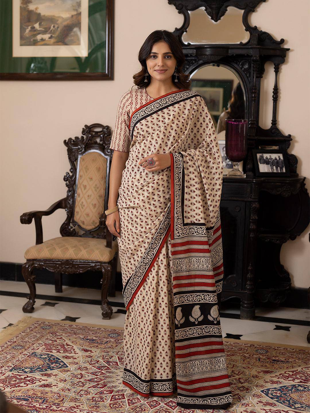 Pebble Hand-Block Cotton Saree - Uboric