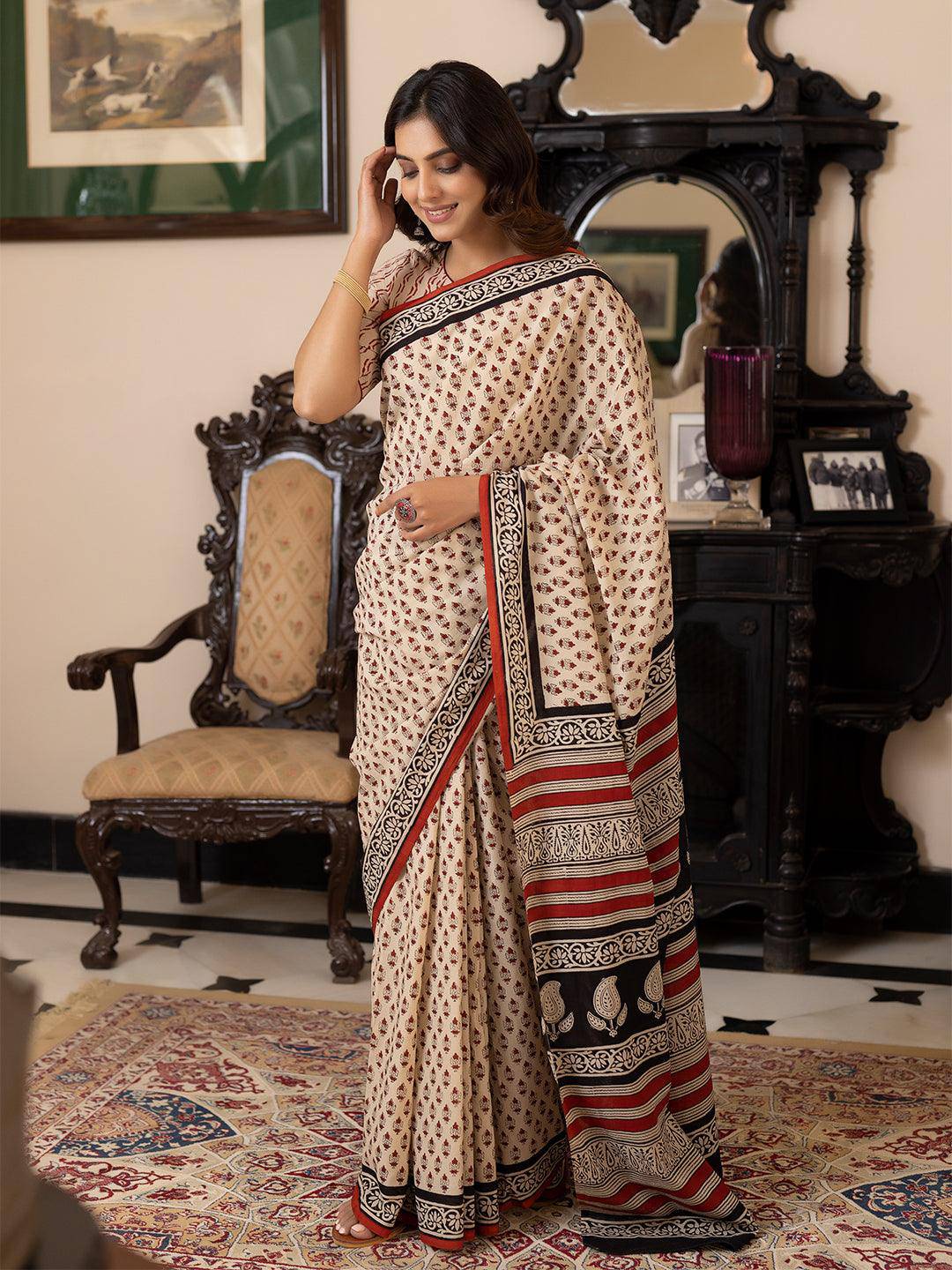 Pebble Hand-Block Cotton Saree - Uboric