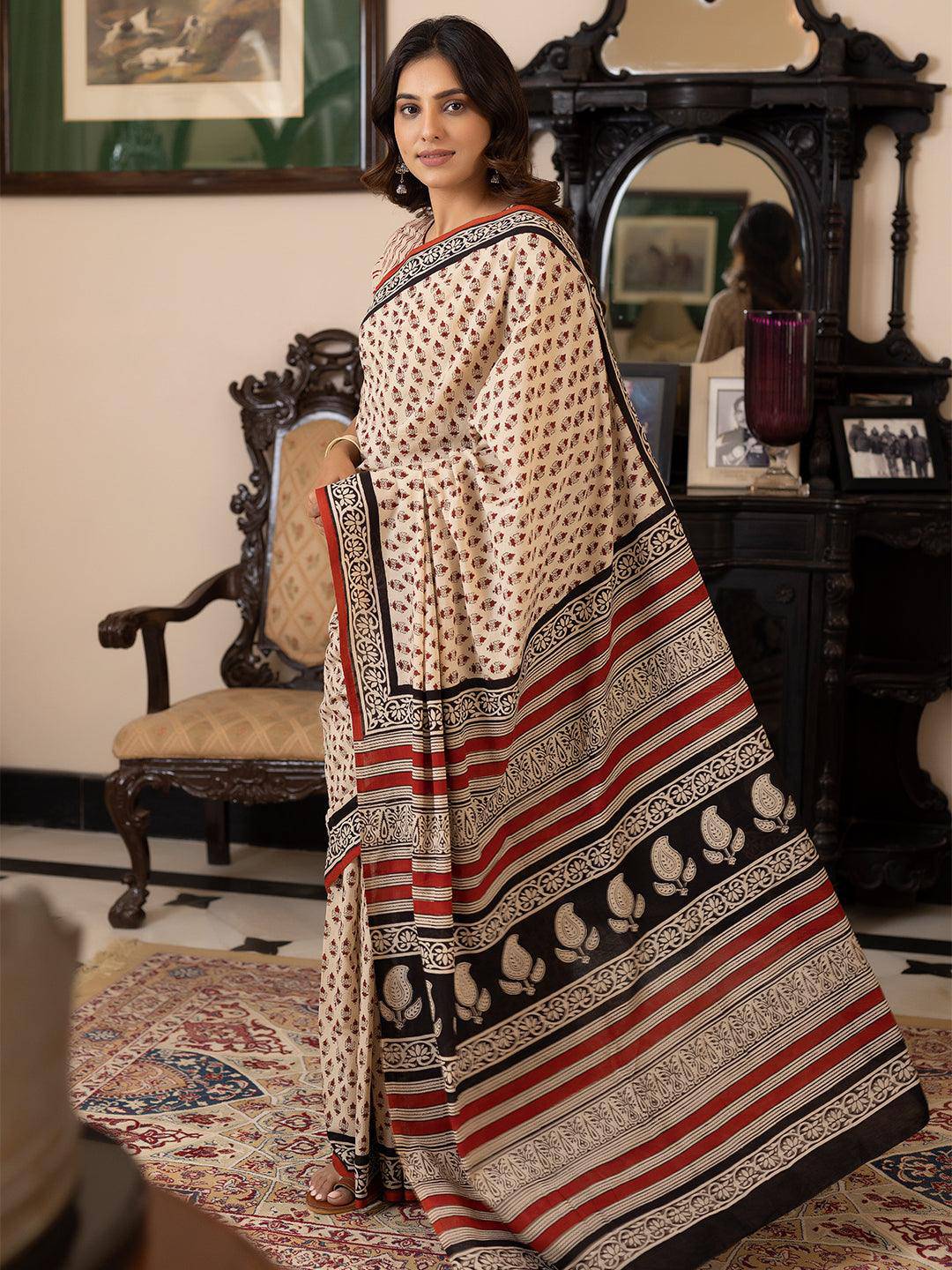 Pebble Hand-Block Cotton Saree - Uboric