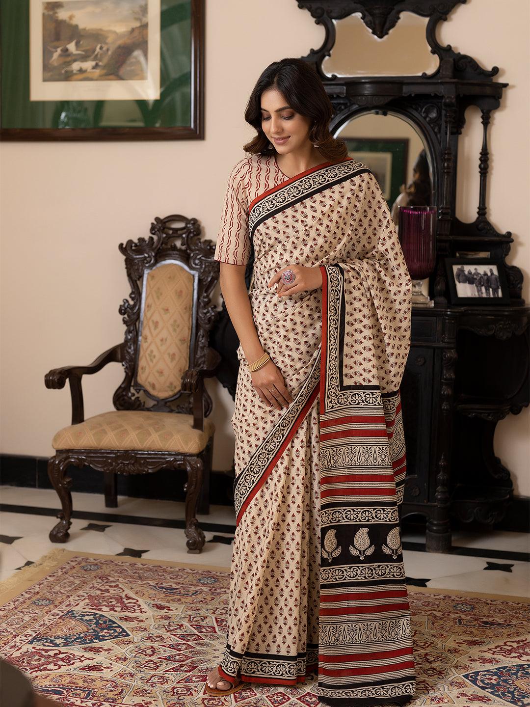 Pebble Hand-Block Cotton Saree - Uboric