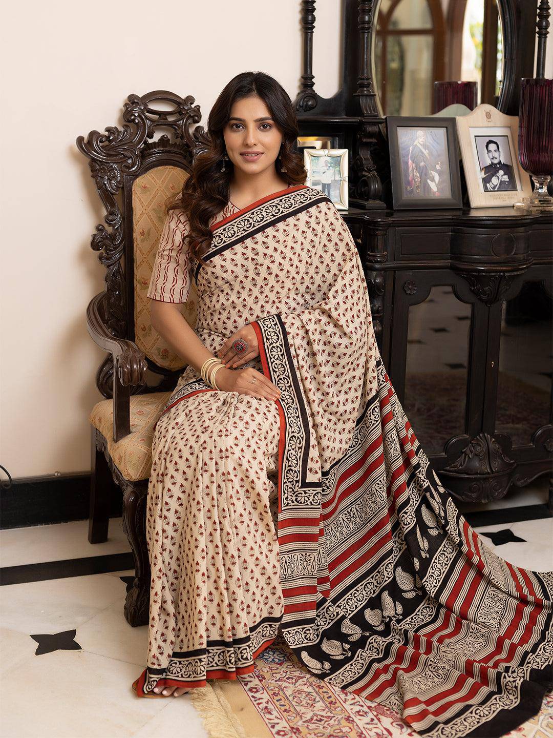 Pebble Hand-Block Cotton Saree - Uboric