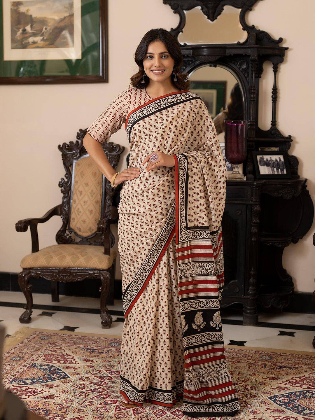 Pebble Hand-Block Cotton Saree - Uboric