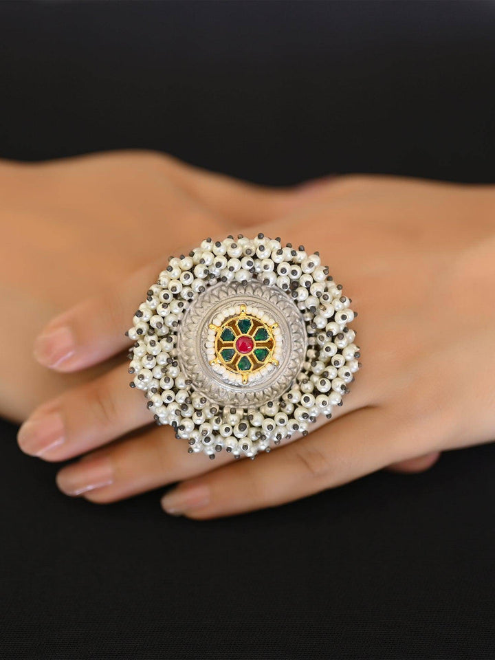 Phulkari Pearl Beaded Oxidized Ring - Uboric