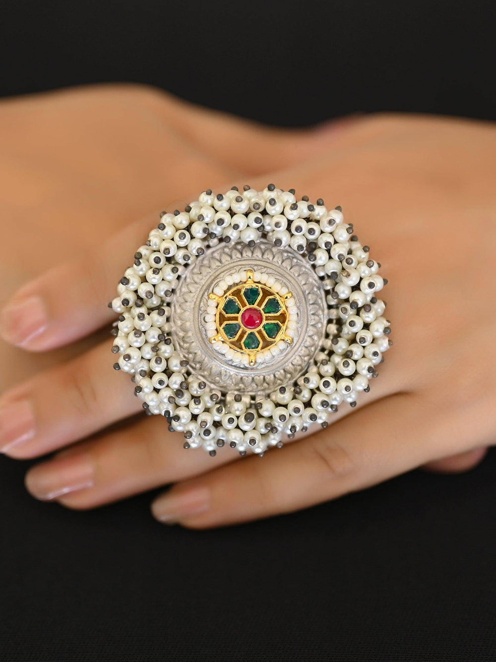 Phulkari Pearl Beaded Oxidized Ring - Uboric