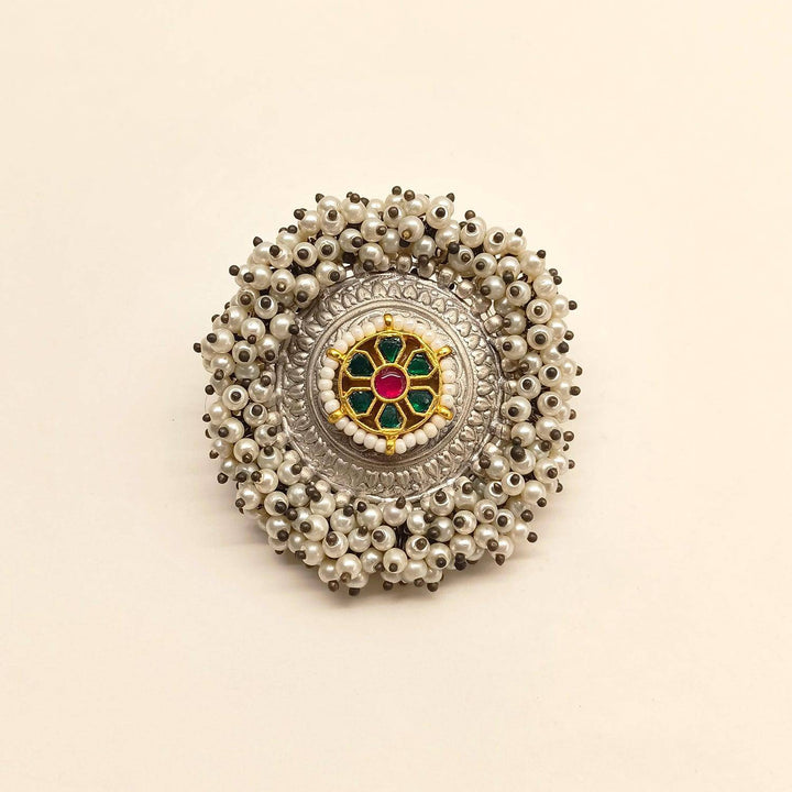 Phulkari Pearl Beaded Oxidized Ring - Uboric