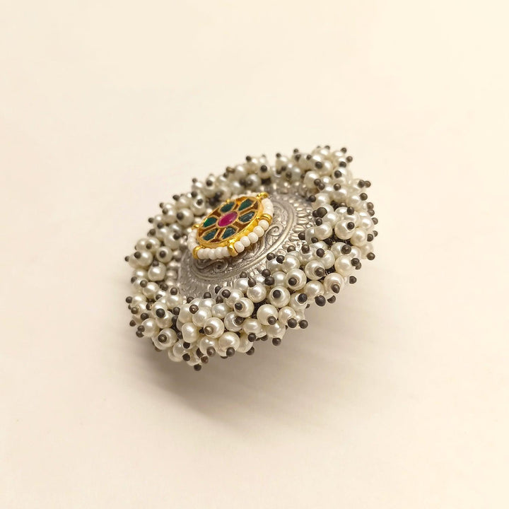 Phulkari Pearl Beaded Oxidized Ring - Uboric