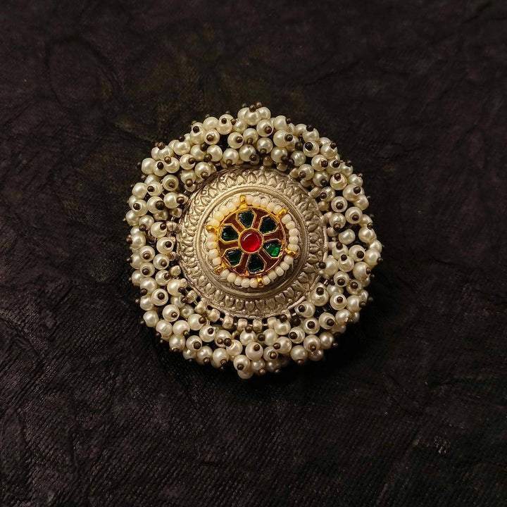 Phulkari Pearl Beaded Oxidized Ring - Uboric