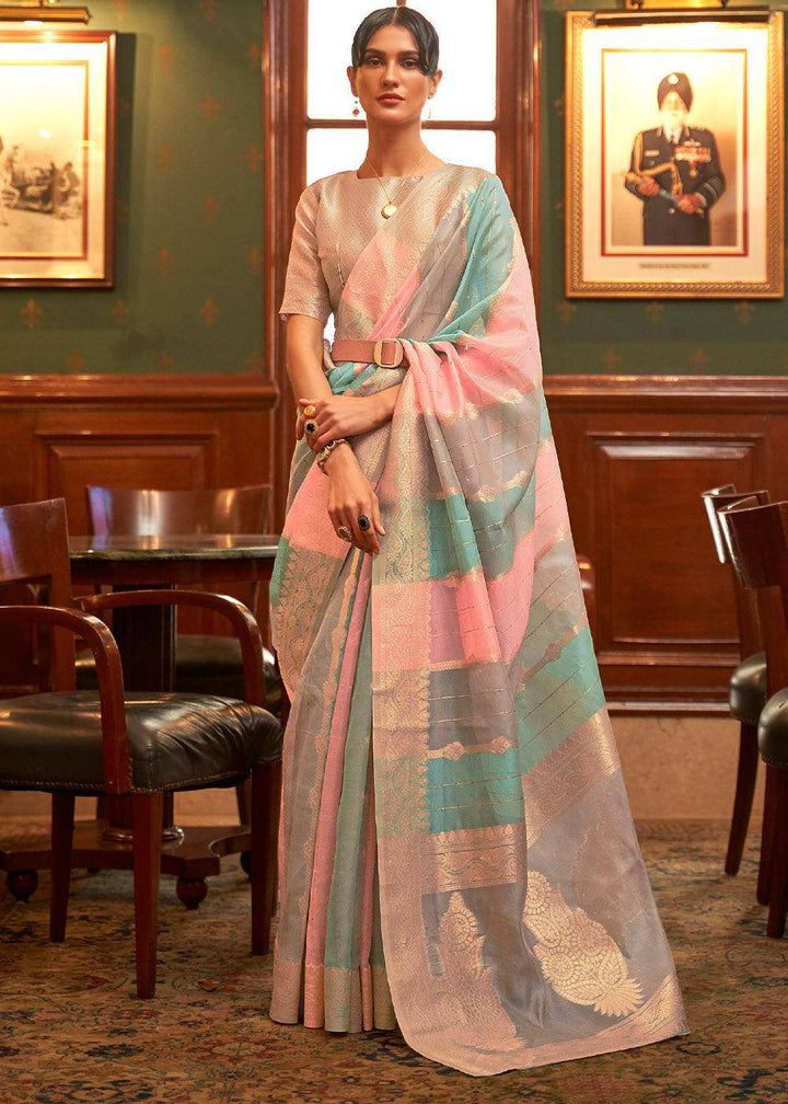 Pink & Blue Woven Organza Silk Saree (Fully Stitched & Ready to wear) - Uboric