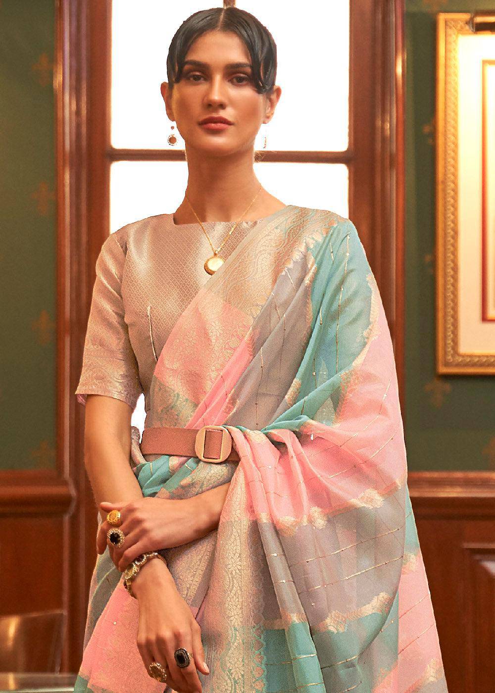 Pink & Blue Woven Organza Silk Saree (Fully Stitched & Ready to wear) - Uboric