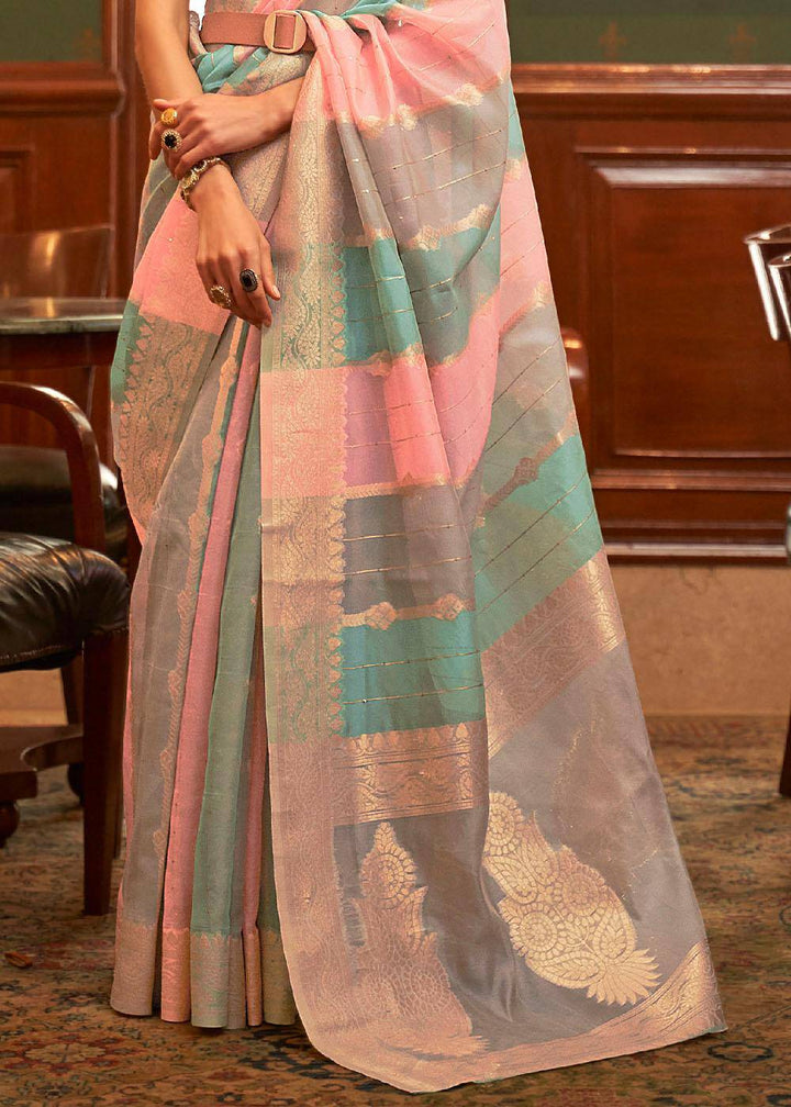 Pink & Blue Woven Organza Silk Saree (Fully Stitched & Ready to wear) - Uboric