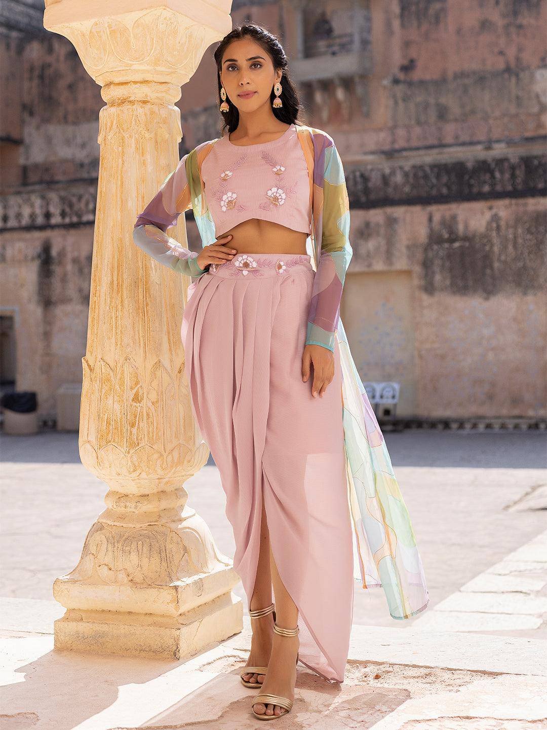 Primrose Pink Top Tulip Skirt with Shrug - Uboric