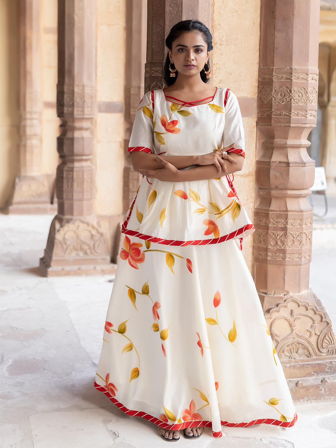 Pristine Chanderi Top with Skirt - Uboric