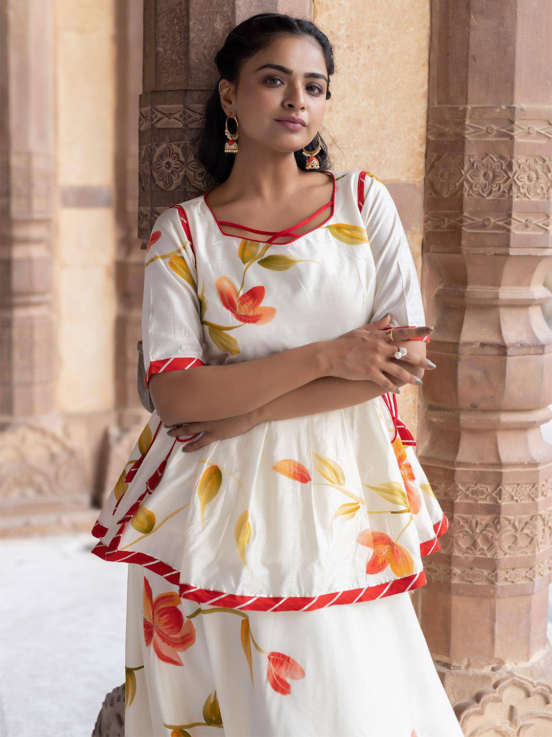 Pristine Chanderi Top with Skirt - Uboric