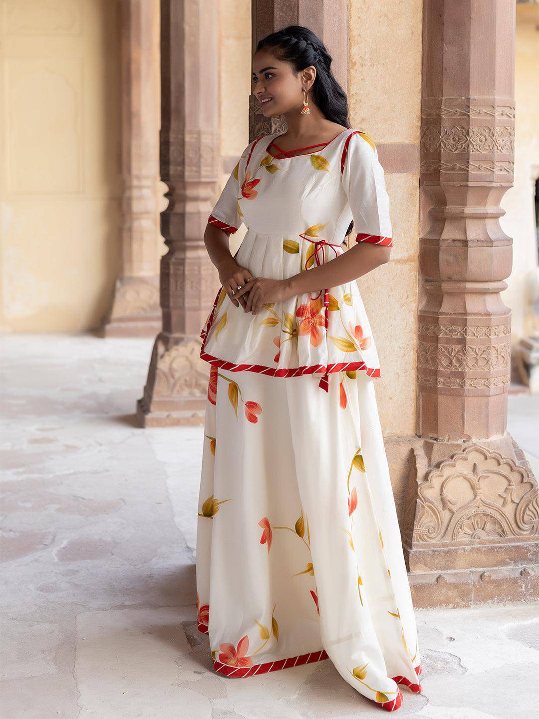 Pristine Chanderi Top with Skirt - Uboric