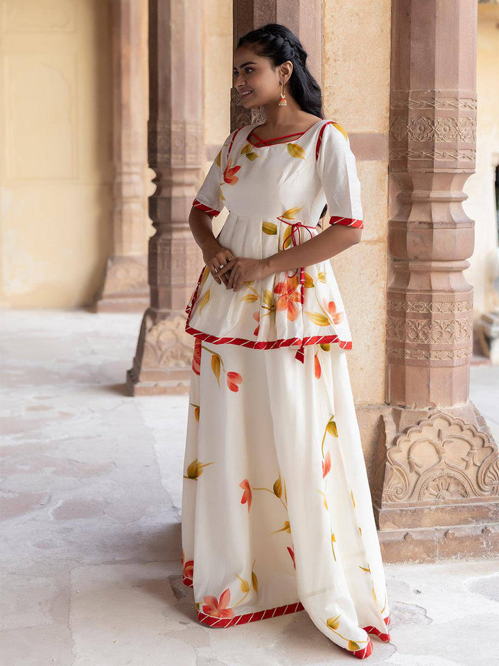 Pristine Chanderi Top with Skirt - Uboric