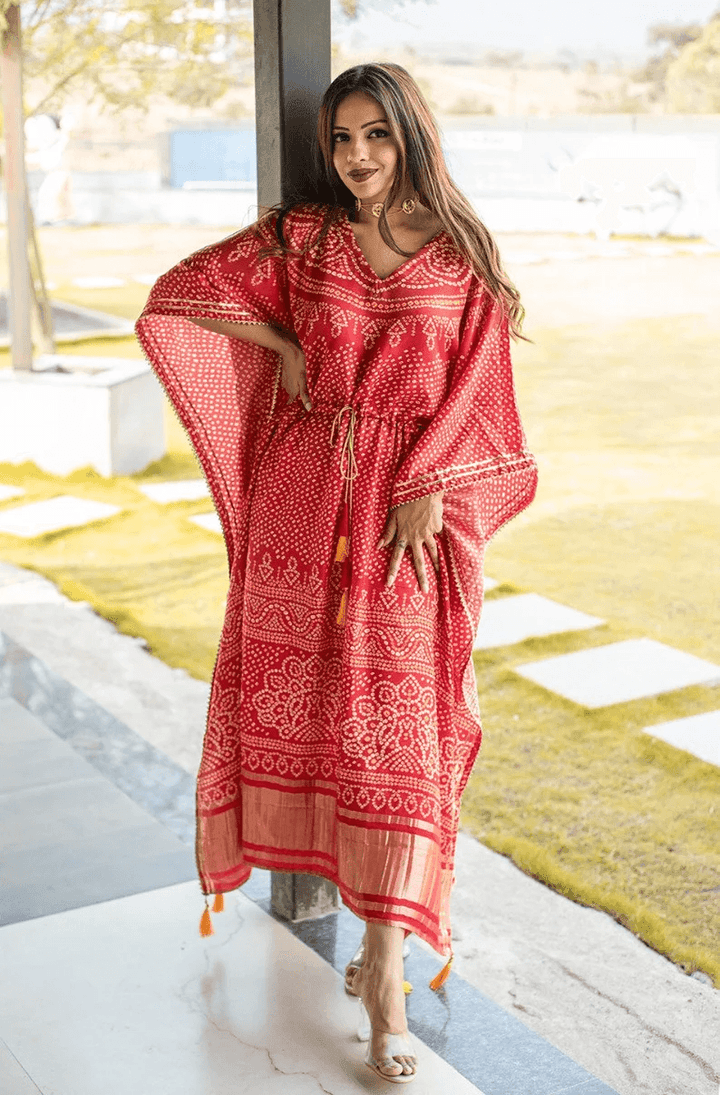 Red Pure Gaji Silk all in one Kaftan With Bandhej Digital Print - Uboric