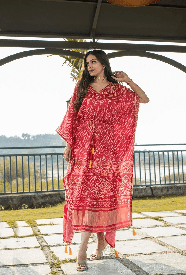 Red Pure Gaji Silk all in one Kaftan With Bandhej Digital Print - Uboric