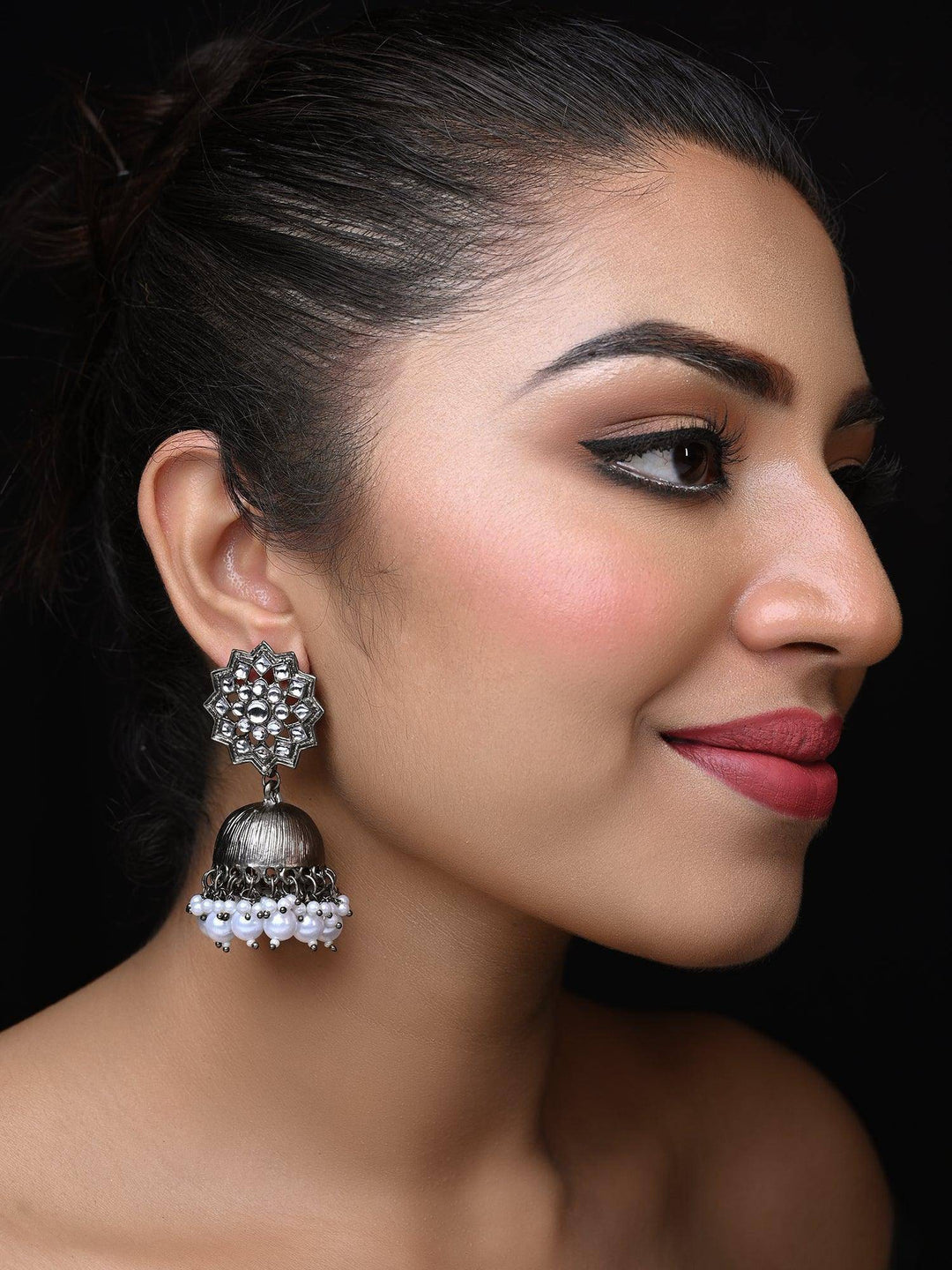 Rimi Oxidized Silver Plated Pearl White Jhumki - Uboric