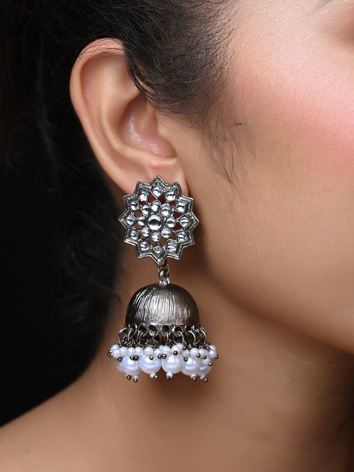 Rimi Oxidized Silver Plated Pearl White Jhumki - Uboric