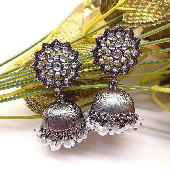 Rimi Oxidized Silver Plated Pearl White Jhumki - Uboric