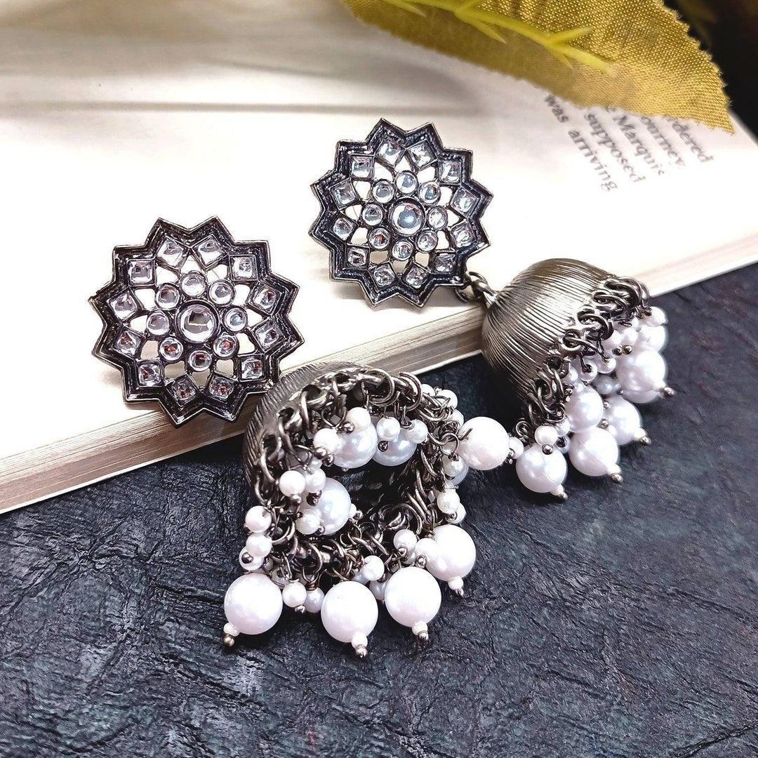 Rimi Oxidized Silver Plated Pearl White Jhumki - Uboric