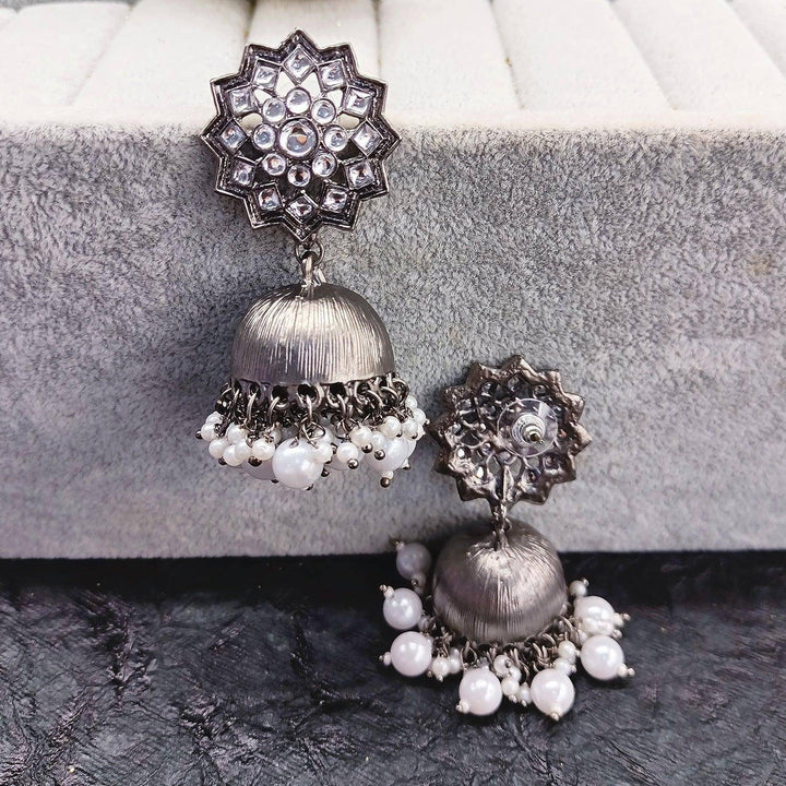 Rimi Oxidized Silver Plated Pearl White Jhumki - Uboric