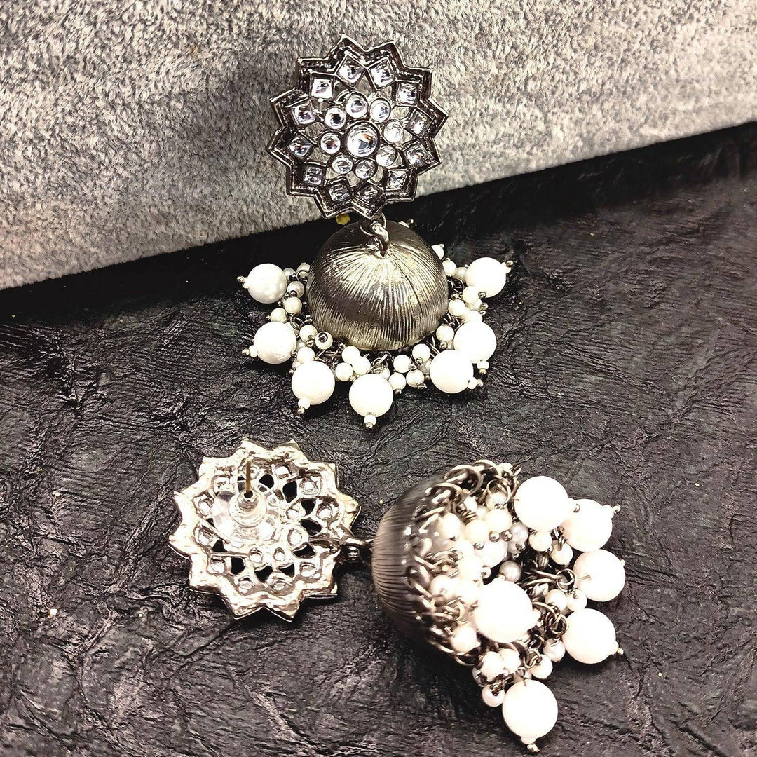 Rimi Oxidized Silver Plated Pearl White Jhumki - Uboric