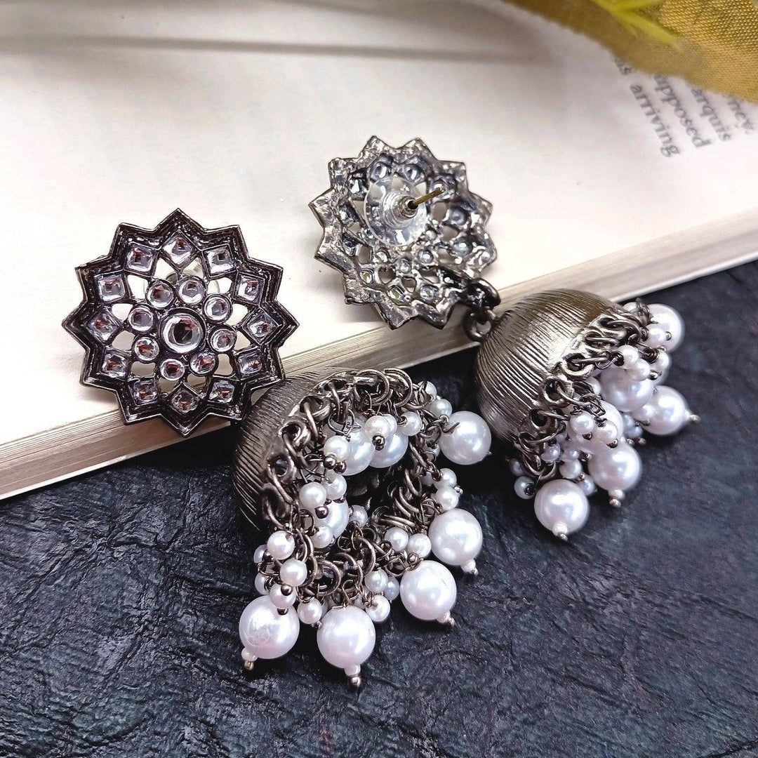 Rimi Oxidized Silver Plated Pearl White Jhumki - Uboric