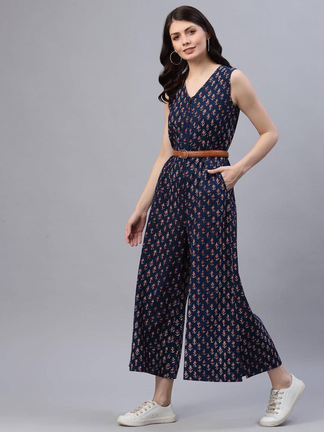 Riya Navy Blue Printed Jumpsuit - Uboric